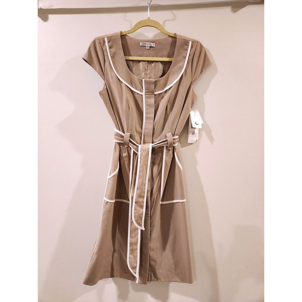 Sandra Darren Women's Taupe Ivory Trimmed Cap Sleeve belted Dress Size 6P